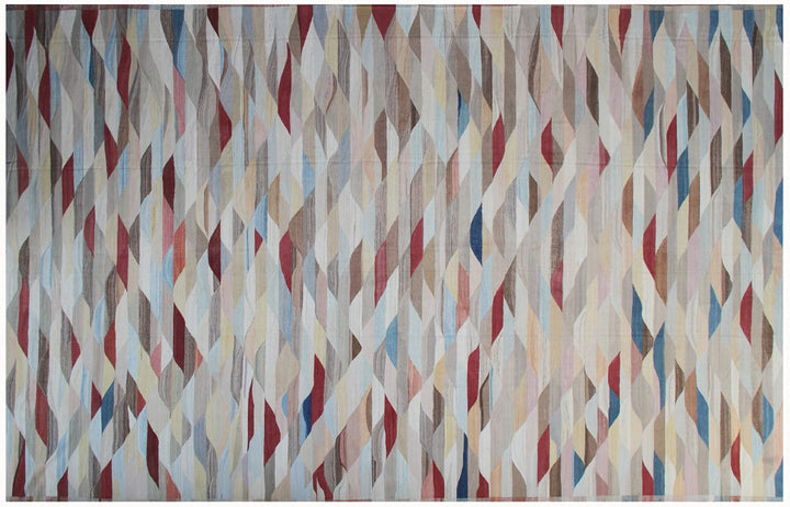 Ariana Rugs 14'x22' extra large handwoven colorful wool kilim area rug featuring a geometric pattern in blue, cream, rust, and brown on a cotton foundation.