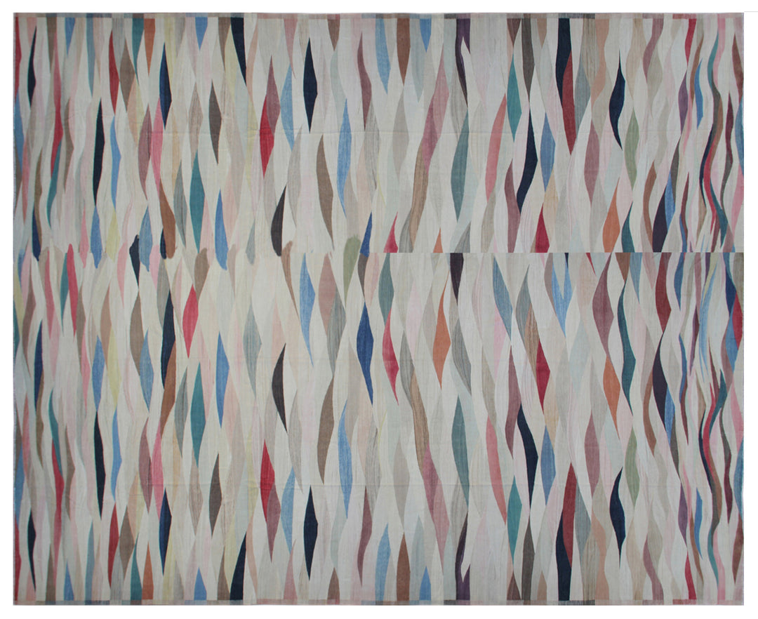 Ariana Rugs 16'x26' handwoven colorful contemporary multi-jewel tone wool kilim area rug crafted by skilled Uzbek women in Afghanistan on a cotton foundation.