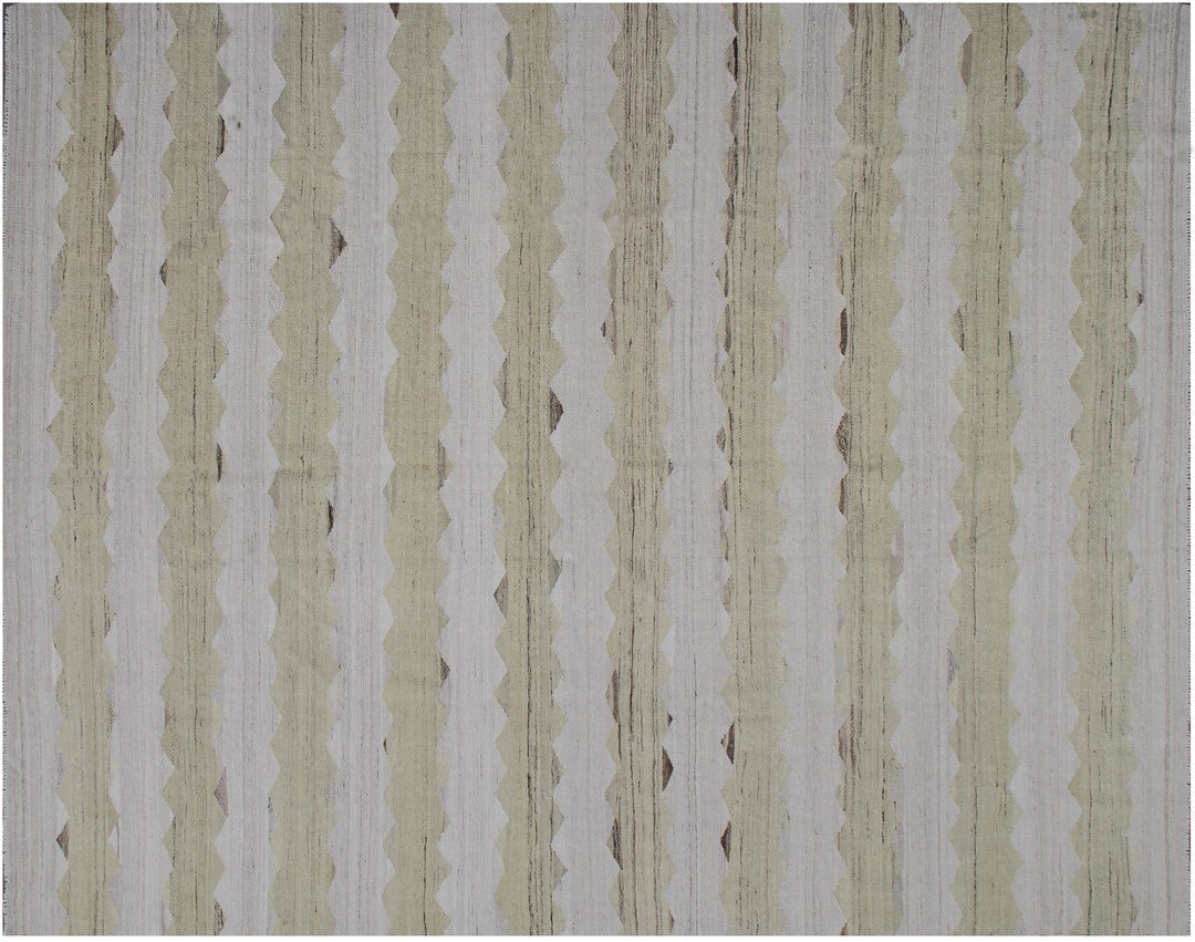 Ariana Rugs 8'x10' handwoven soft green and ivory wave design wool kilim area rug featuring a modern organic flatweave structure on a cotton foundation.