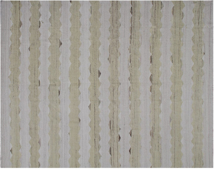 Ariana Rugs 8'x10' handwoven soft green and ivory wave design wool kilim area rug featuring a modern organic flatweave structure on a cotton foundation.