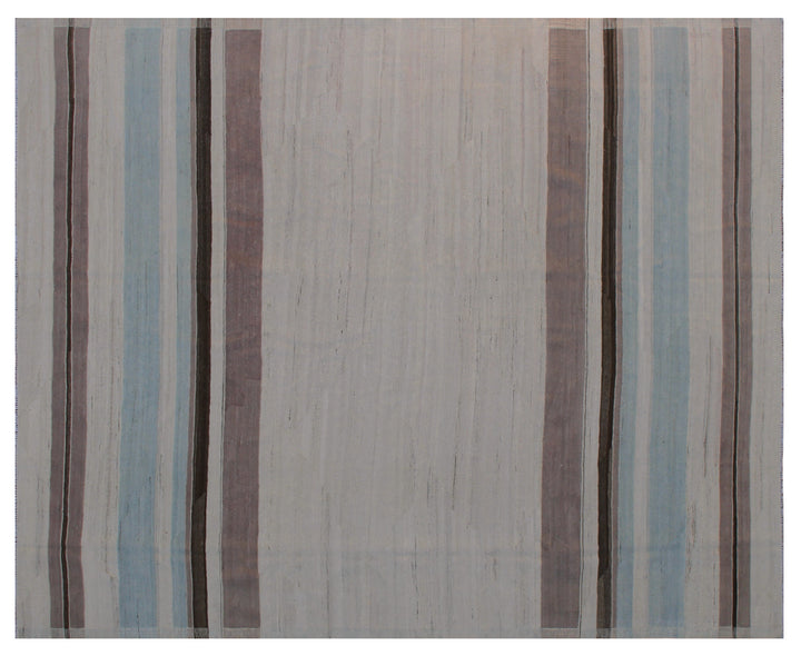 Ariana Rugs 8'x10' handwoven striped wool kilim area rug featuring a brown, taupe, ivory, and blue pattern on a cotton foundation.