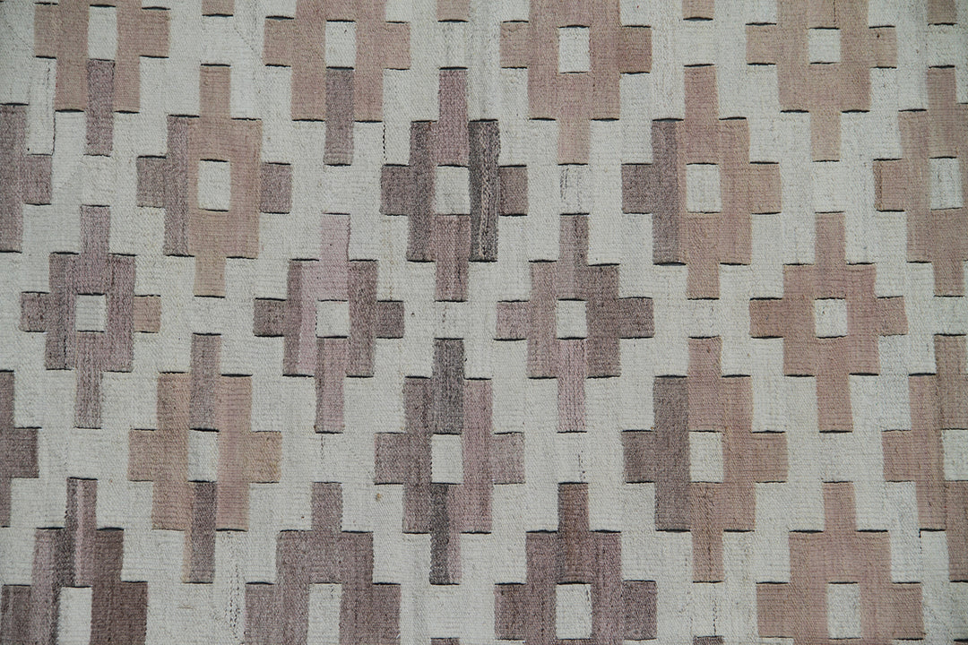 Ariana Rugs 8'x9' handwoven earth tone brown and tan Maimana style wool kilim area rug featuring a classic geometric pattern on a cotton foundation.
