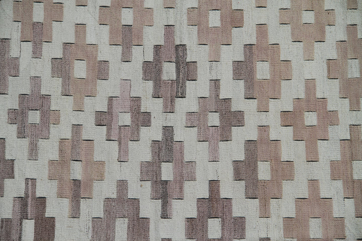 Ariana Rugs 8'x9' handwoven earth tone brown and tan Maimana style wool kilim area rug featuring a classic geometric pattern on a cotton foundation.