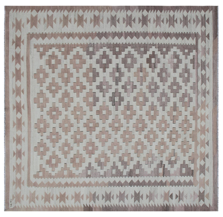 Ariana Rugs 8'x9' handwoven earth tone brown and tan Maimana style wool kilim area rug featuring a classic geometric pattern on a cotton foundation.