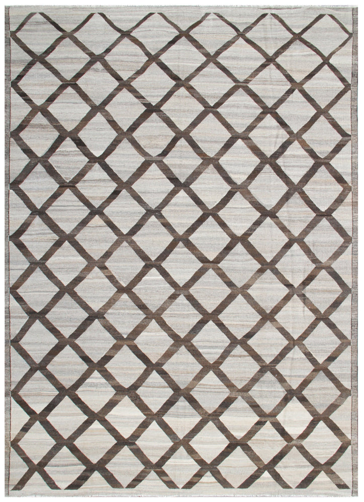 Ariana Rugs 9'x12' handwoven brown and ivory wool kilim area rug featuring a modern flatweave construction on a cotton foundation.