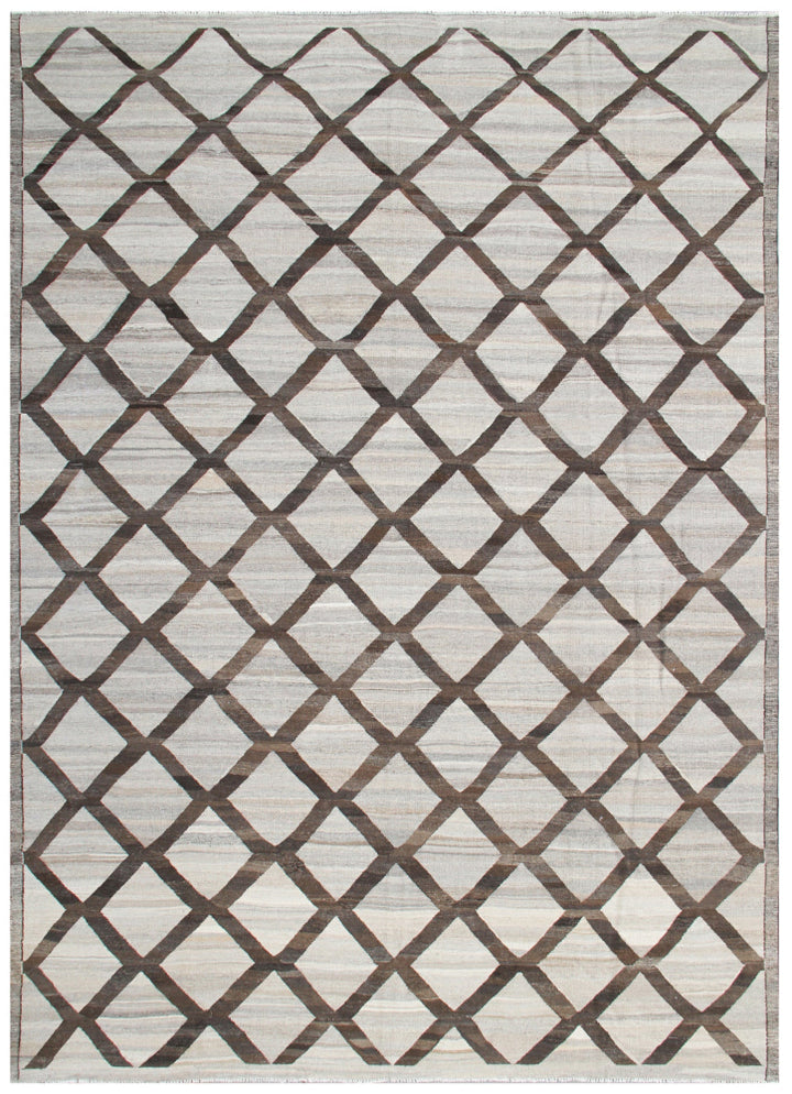 Ariana Rugs 9'x12' handwoven brown and ivory wool kilim area rug featuring a modern flatweave construction on a cotton foundation.