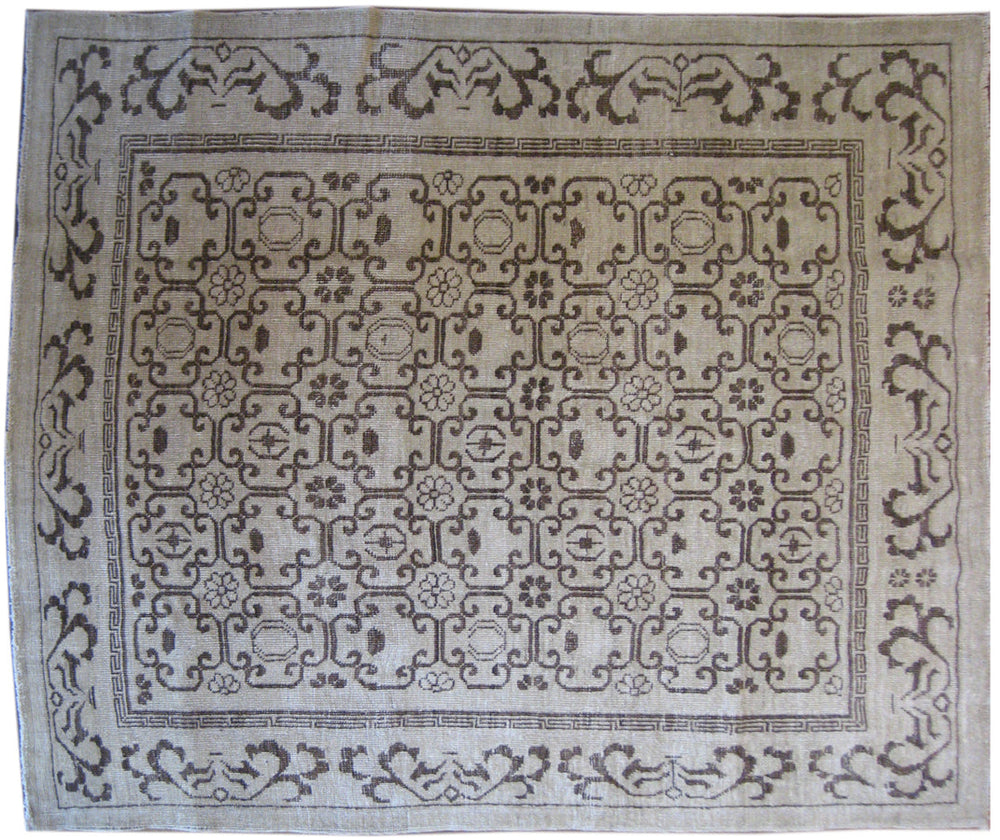 Ariana Samarkand design square brown and cream wool area rug featuring a geometric Khotan pattern