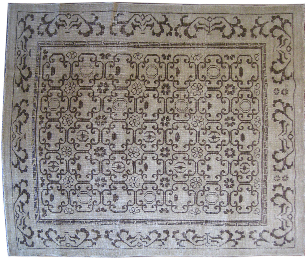 Ariana Samarkand design square brown and cream wool area rug featuring a geometric Khotan pattern