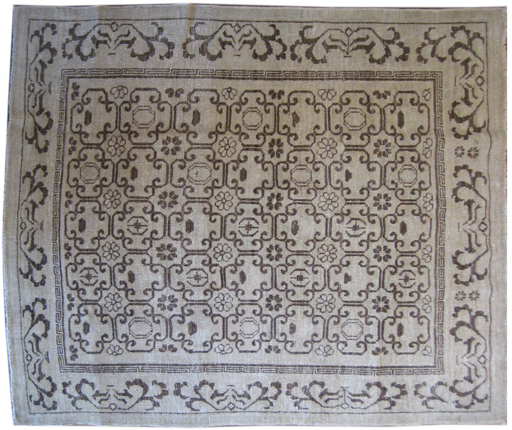 Ariana Samarkand design square brown and cream wool area rug featuring a geometric Khotan pattern
