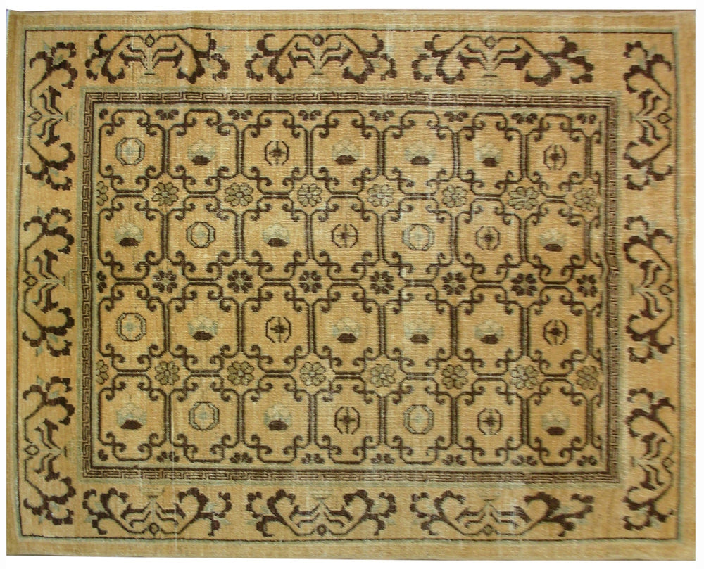 Ariana Samarkand collection small area rug in gold and brown wool featuring a geometric Khotan design