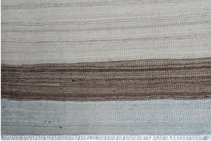 Ariana Rugs 4'8" x 7'5" Light Blue, Ivory and Brown Striped Kilim