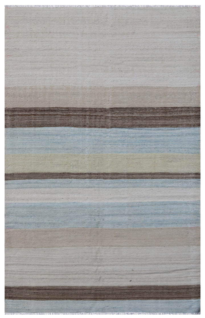 Ariana Rugs 4'8" x 7'5" Light Blue, Ivory and Brown Striped Kilim