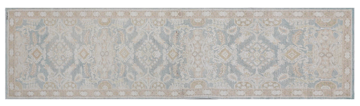 Fine hand-knotted Ariana traditional Agra design wool runner rug with classic floral scrollwork in soft blue, beige, and cream