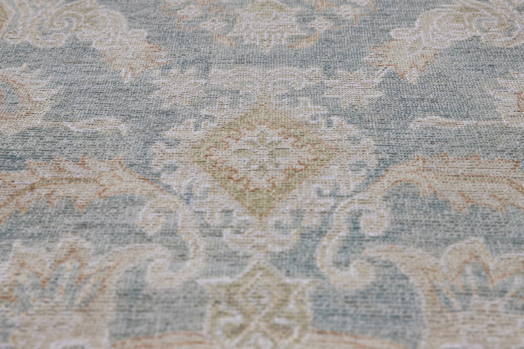 Fine hand-knotted Ariana traditional Agra design wool runner rug with classic floral scrollwork in soft blue, beige, and cream