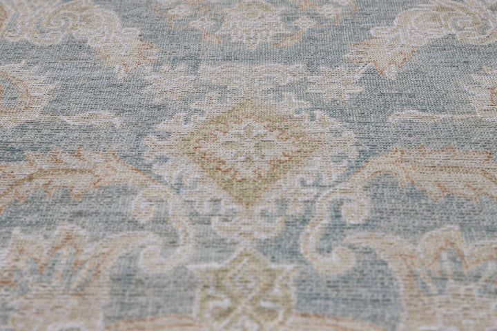 Fine hand-knotted Ariana traditional Agra design wool runner rug with classic floral scrollwork in soft blue, beige, and cream