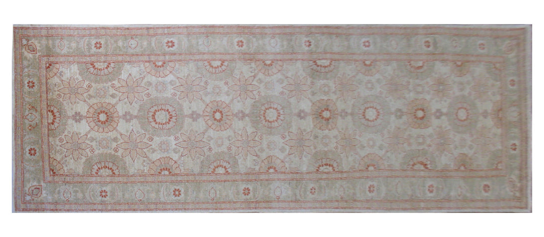 Overhead detailed view of a premium 9'3" x 2'11" Ariana traditional hand-knotted Persian Tabriz runner rug in warm camel, rich terra cotta, and soft water blue tones.