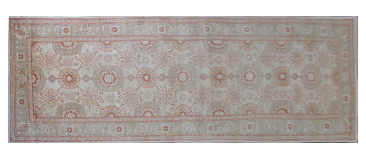 Overhead detailed view of a premium 9'3" x 2'11" Ariana traditional hand-knotted Persian Tabriz runner rug in warm camel, rich terra cotta, and soft water blue tones.