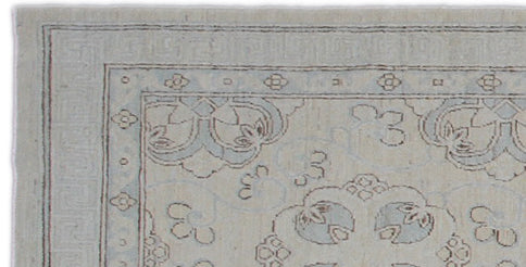 Fine hand-knotted Ariana transitional floral runner rug in soft blue and luminous ivory