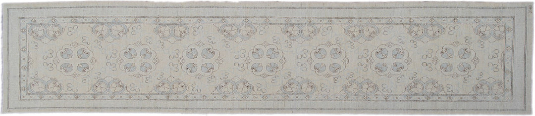 Fine hand-knotted Ariana transitional floral runner rug in soft blue and luminous ivory