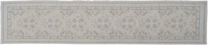 Fine hand-knotted Ariana transitional floral runner rug in soft blue and luminous ivory