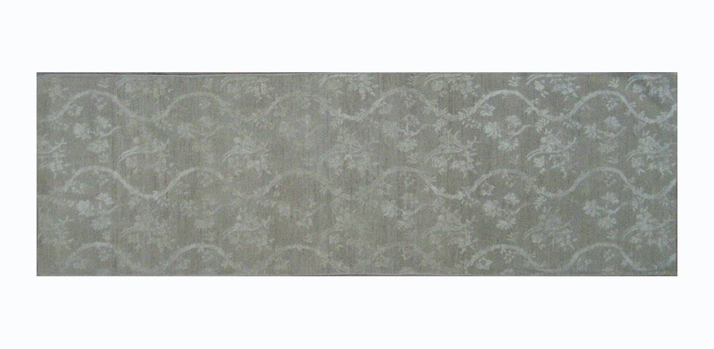 Over-the-shoulder view of an authentic 8'9" x 3'0" Ariana transitional hand-knotted runner rug featuring an intricate Chinoiserie design with luminous silk highlights.