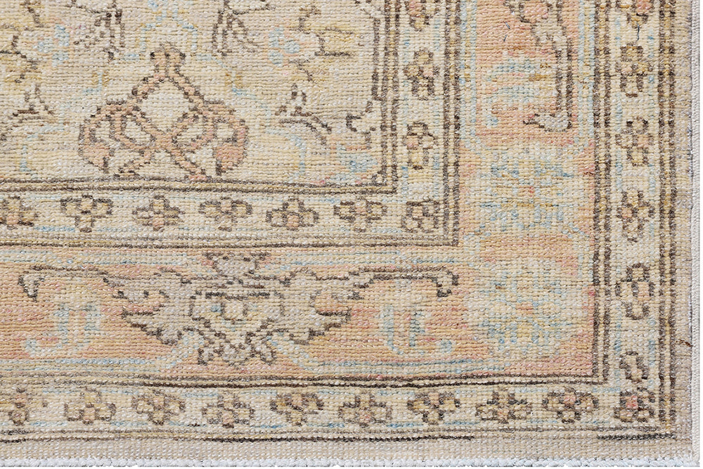 Fine hand-knotted Ariana transitional European design wool runner rug in rich camel, blue, brown, and terracotta tones