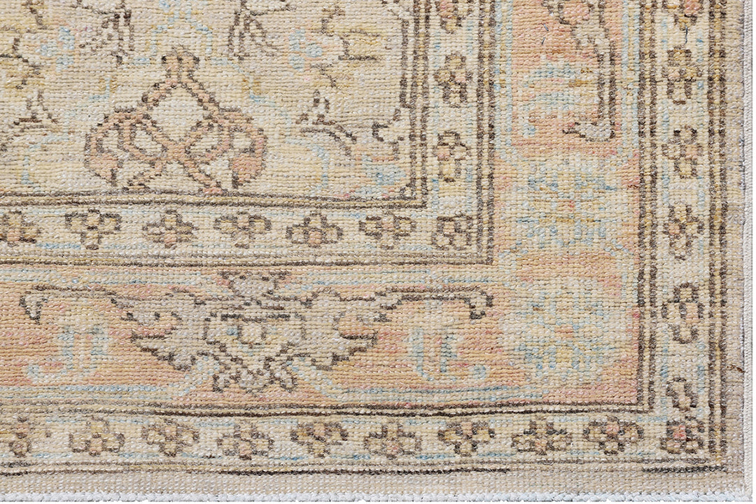 Fine hand-knotted Ariana transitional European design wool runner rug in rich camel, blue, brown, and terracotta tones
