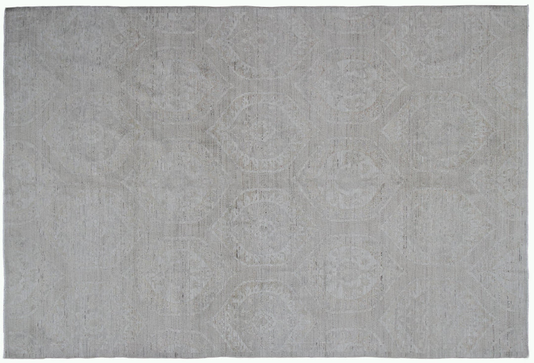 Hand-knotted 6x8 small European design wool rug in soft transitional tones
