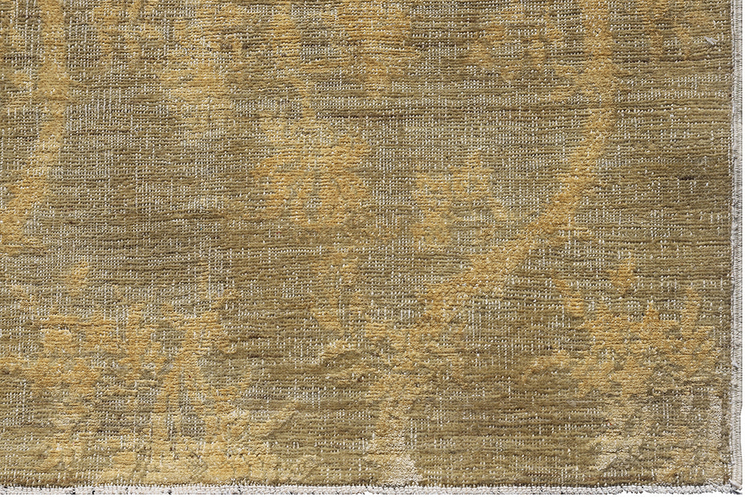 Overhead detailed view of a premium 8'9" x 2'11" Ariana transitional hand-knotted wool on cotton with silk runner rug featuring an elegant green and ivory Chinoiserie design.