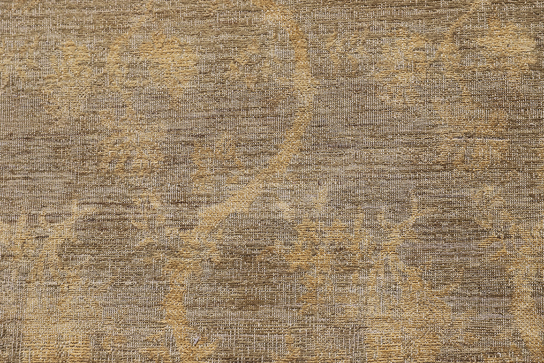 Overhead detailed view of a premium 8'9" x 2'11" Ariana transitional hand-knotted wool on cotton with silk runner rug featuring an elegant green and ivory Chinoiserie design.