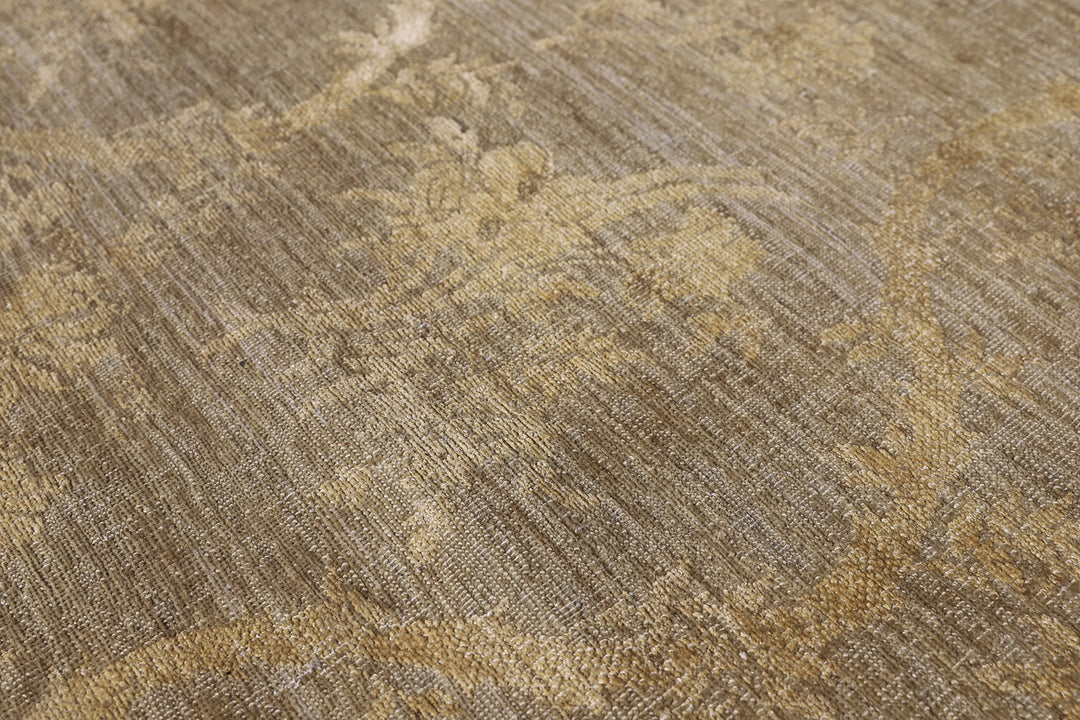 Overhead detailed view of a premium 8'9" x 2'11" Ariana transitional hand-knotted wool on cotton with silk runner rug featuring an elegant green and ivory Chinoiserie design.