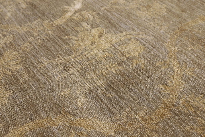 Overhead detailed view of a premium 8'9" x 2'11" Ariana transitional hand-knotted wool on cotton with silk runner rug featuring an elegant green and ivory Chinoiserie design.