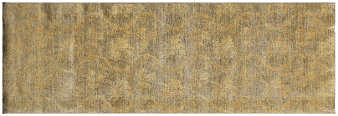 Overhead detailed view of a premium 8'9" x 2'11" Ariana transitional hand-knotted wool on cotton with silk runner rug featuring an elegant green and ivory Chinoiserie design.