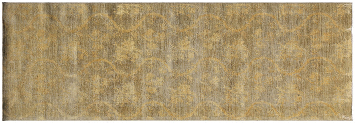 Overhead detailed view of a premium 8'9" x 2'11" Ariana transitional hand-knotted wool on cotton with silk runner rug featuring an elegant green and ivory Chinoiserie design.