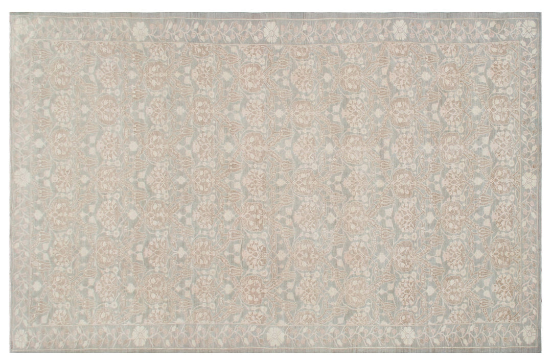 Authentic Ariana Transitional Collection 10x20 wool area rug featuring a large Ottoman design in soft gray, pink, and ivory tones, hand-knotted by female weavers in Afghanistan.