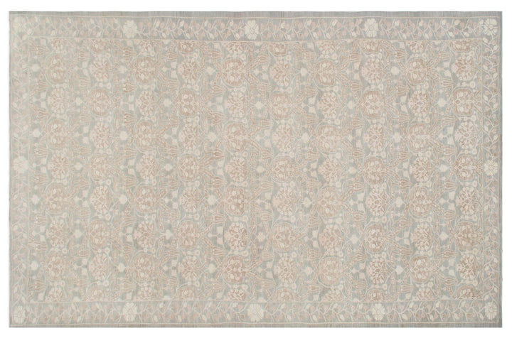 Authentic Ariana Transitional Collection 10x20 wool area rug featuring a large Ottoman design in soft gray, pink, and ivory tones, hand-knotted by female weavers in Afghanistan.