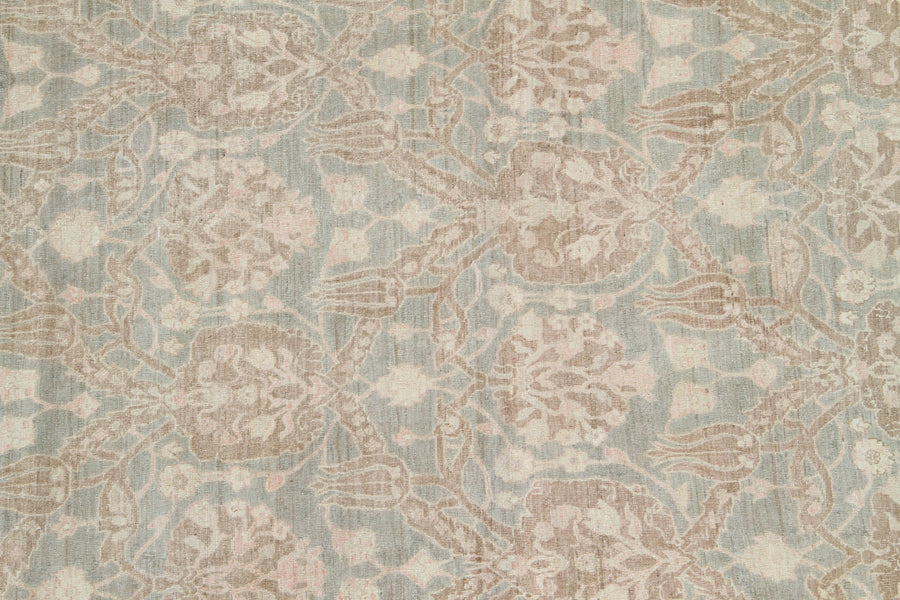 Authentic Ariana Transitional Collection 10x20 wool area rug featuring a large Ottoman design in soft gray, pink, and ivory tones, hand-knotted by female weavers in Afghanistan.