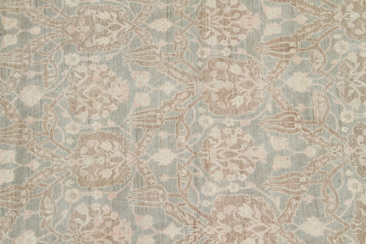 Authentic Ariana Transitional Collection 10x20 wool area rug featuring a large Ottoman design in soft gray, pink, and ivory tones, hand-knotted by female weavers in Afghanistan.