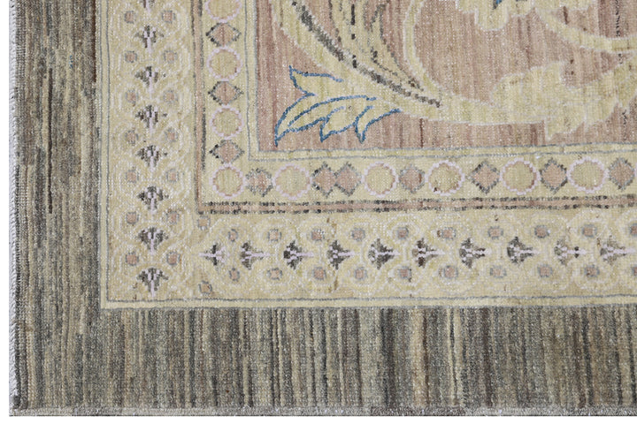 Authentic hand-knotted oversized Ariana Transitional wool area rug featuring a subtle purple, luminous yellow, and ivory palette