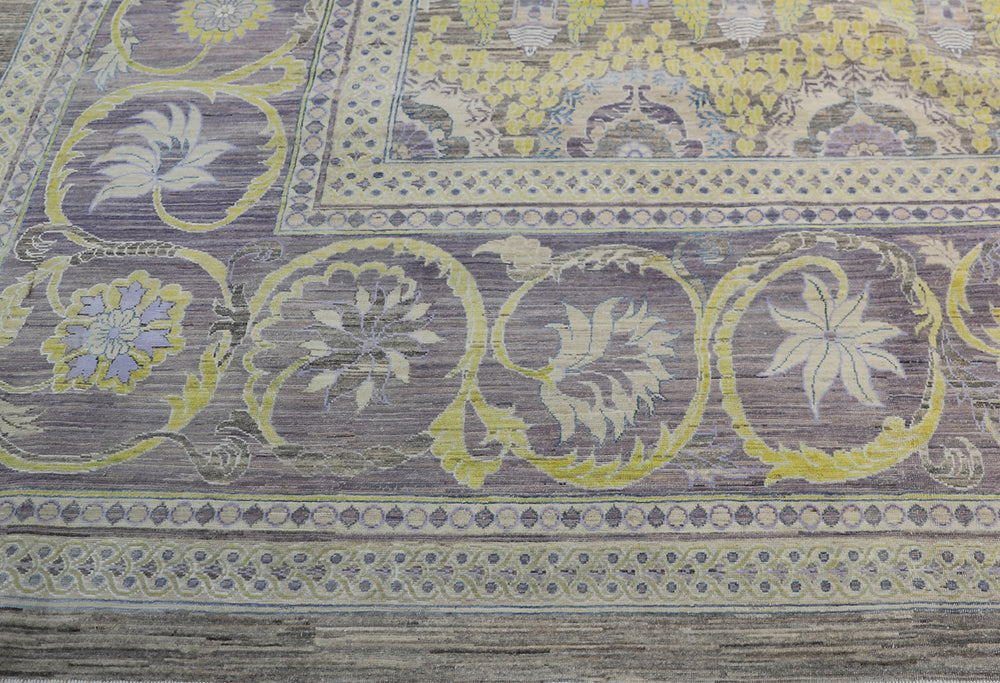 Authentic hand-knotted oversized Ariana Transitional wool area rug featuring a subtle purple, luminous yellow, and ivory palette