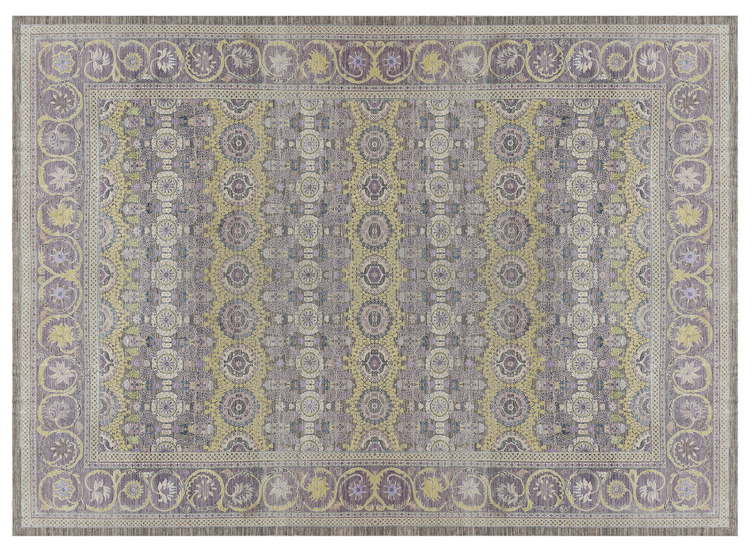 Authentic hand-knotted oversized Ariana Transitional wool area rug featuring a subtle purple, luminous yellow, and ivory palette