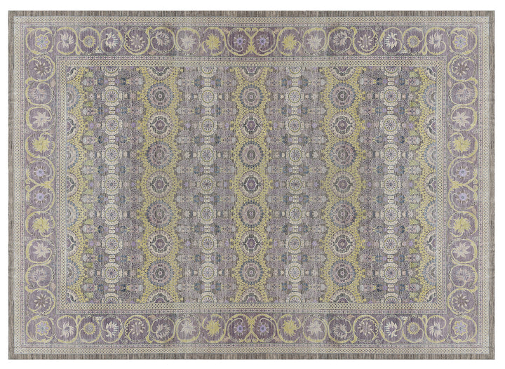 Authentic hand-knotted oversized Ariana Transitional wool area rug featuring a subtle purple, luminous yellow, and ivory palette