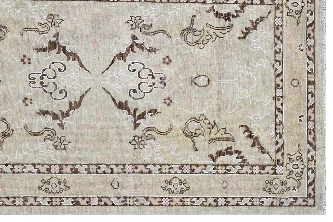 Over-the-shoulder detailed view of an authentic 8'4" x 2'8" Ariana transitional wool hand-knotted runner rug with intricate modern-classic patterns.