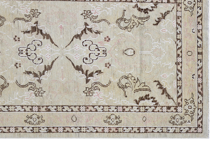 Over-the-shoulder detailed view of an authentic 8'4" x 2'8" Ariana transitional wool hand-knotted runner rug with intricate modern-classic patterns.