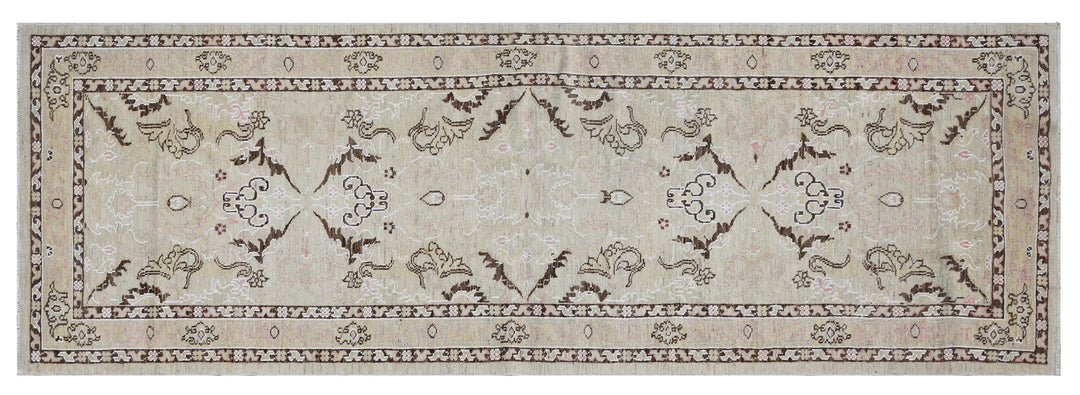 Over-the-shoulder detailed view of an authentic 8'4" x 2'8" Ariana transitional wool hand-knotted runner rug with intricate modern-classic patterns.