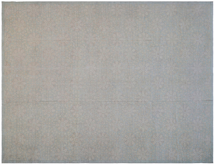 Hand-knotted 9x12 Ariana Vintage wool rug with European design patterns in soft turquoise and ivory