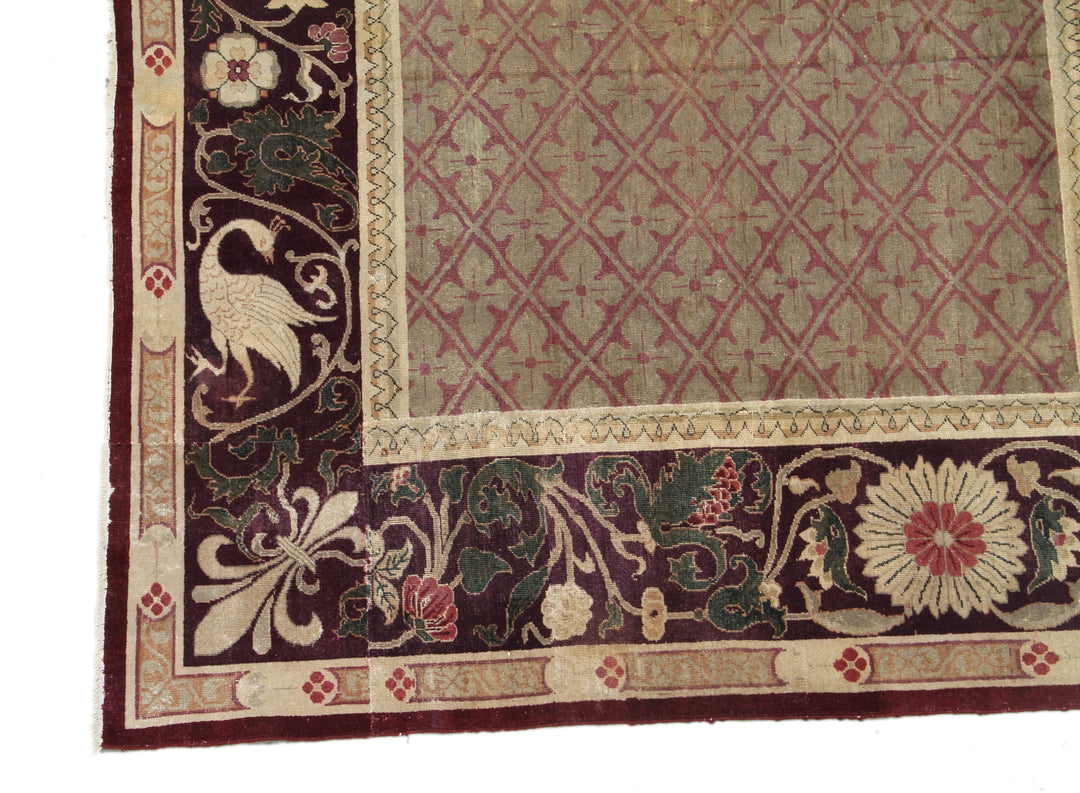 Ariana Rugs Antique Indian Square Rug - Mythical Bird Motif in Burgundy and Tan