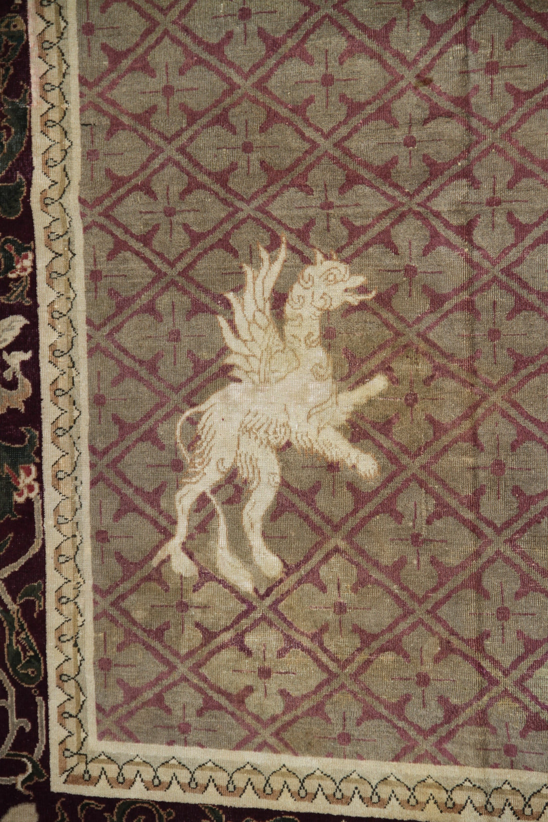 Ariana Rugs Antique Indian Square Rug - Mythical Bird Motif in Burgundy and Tan