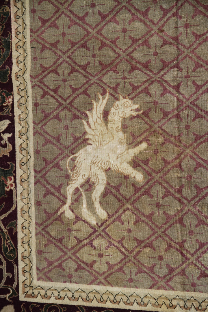 Ariana Rugs Antique Indian Square Rug - Mythical Bird Motif in Burgundy and Tan