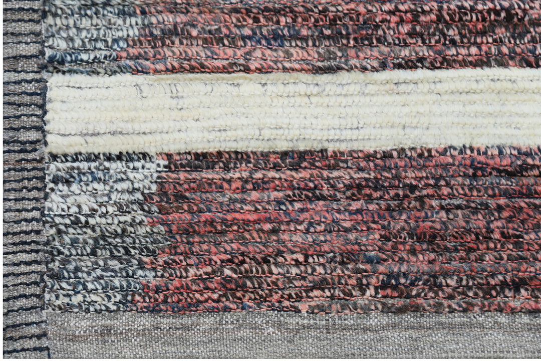 Authentic Ariana Barchi 9x12 Large Striped Moroccan Style Wool Rug in Grey, Ivory, Black, and Rust